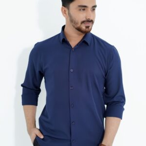 Navy Spandex Glossy Fabrics Shirt